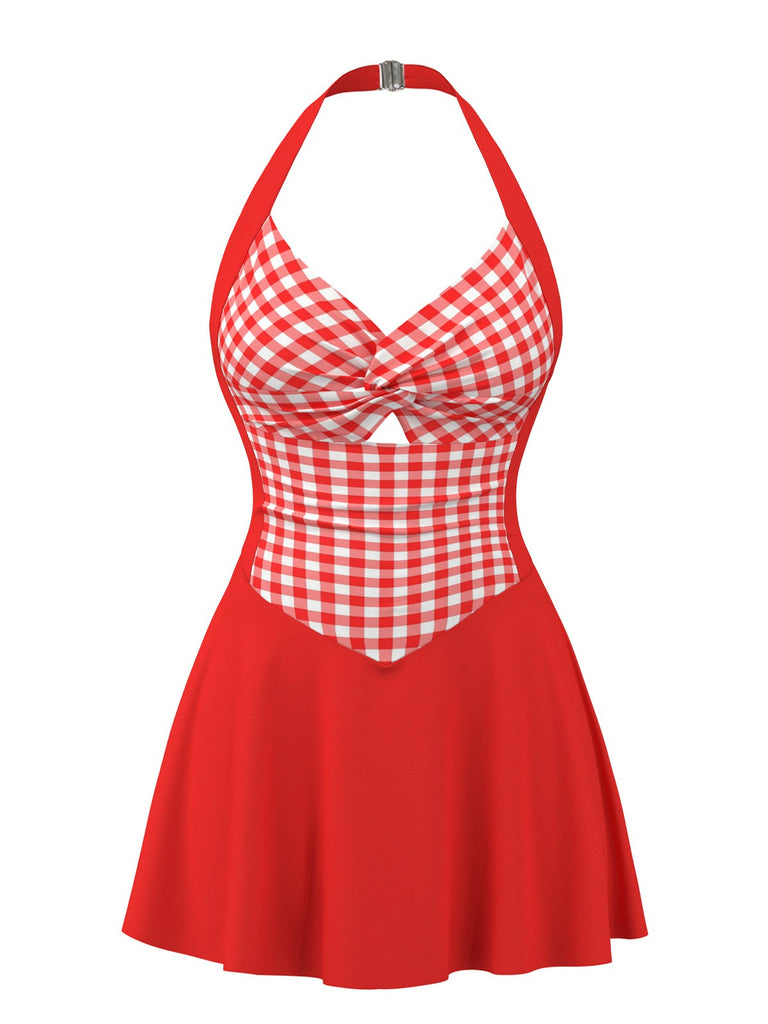 [Pre-Sale] Red 1930s Gingham Plaid Halter Swim Dress