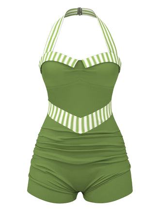 Green 1940s Stripe Patchwork Halter Swimsuit