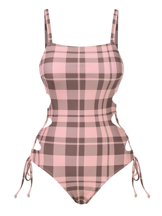 Pink 1950s Side Hollow Lace-Up Plaid Swimsuit