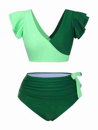 1950s Colorblock Ruffle Ruched Bow Bikini Set