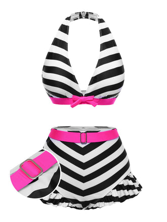 Black 1950s Contrast Bow Ruffle Stripes Bikini