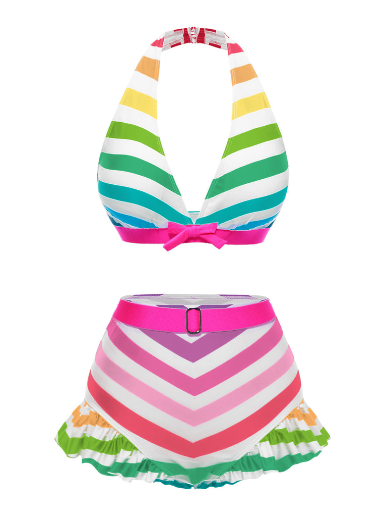 Rainbow 1950s Contrast Bow Ruffle Stripes Bikini