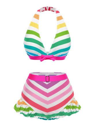 Rainbow 1950s Contrast Bow Ruffle Stripes Bikini