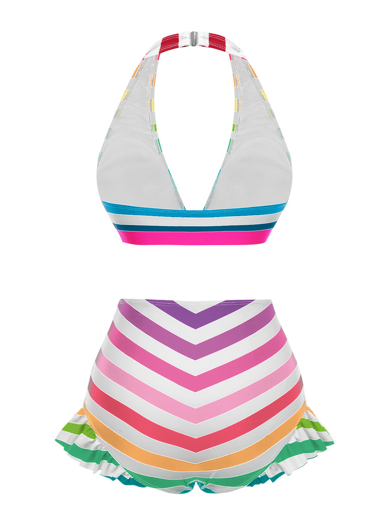 Rainbow 1950s Contrast Bow Ruffle Stripes Bikini