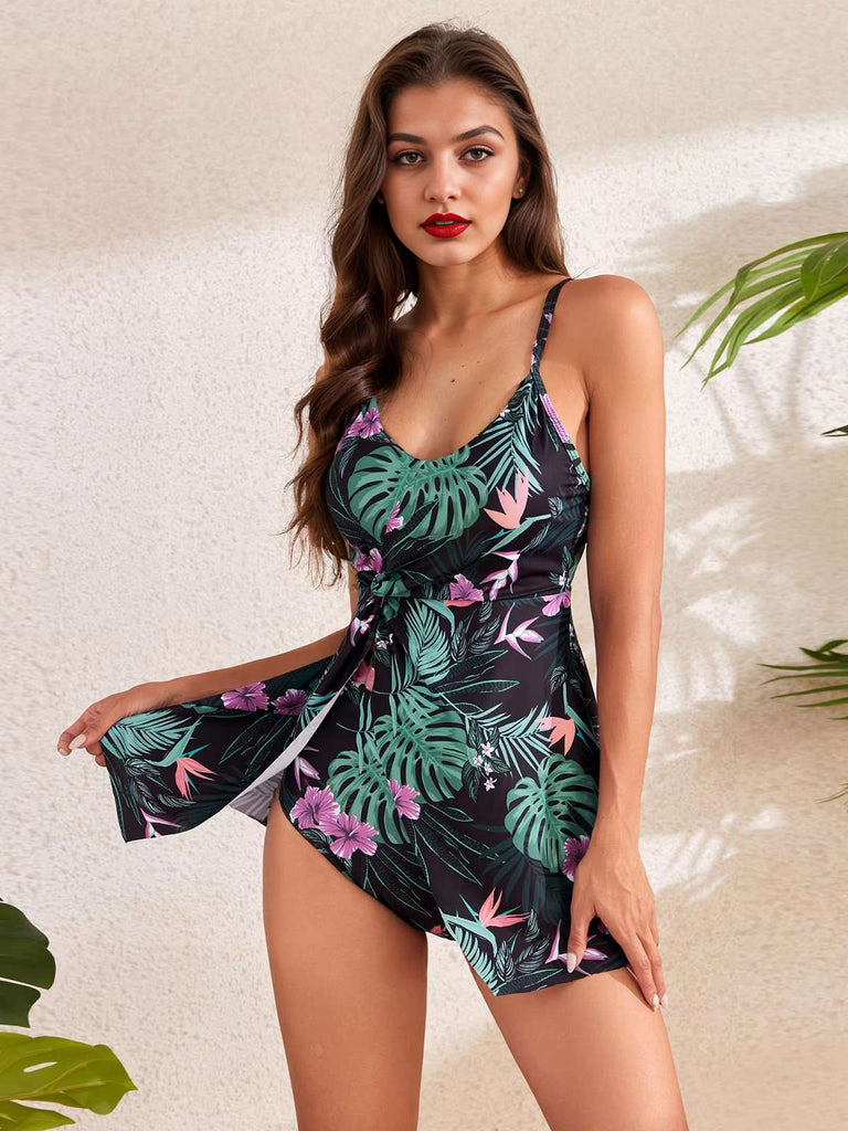 1940s Spaghetti Straps Floral Print Skirt Swimsuit