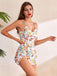 1940s Spaghetti Straps Floral Print Skirt Swimsuit