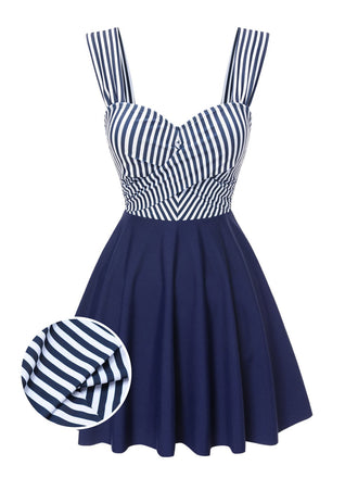 Blue 1940s Wide Straps Stripe Swim Dress