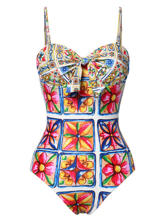 Multicolor 1970s Floral Back Cut-Out Swimsuit
