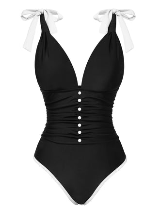 Black 1950s Solid Button Shoulder Lace-Up Swimsuit