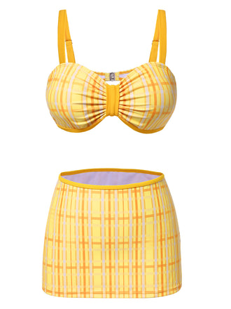 3PCS Yellow 1950s Plaid Bikini Set