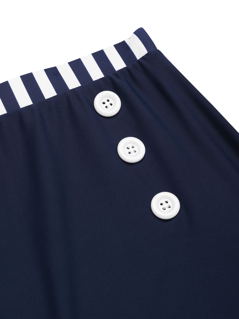 Blue 1940s Navy Style Patchwork Swimsuit