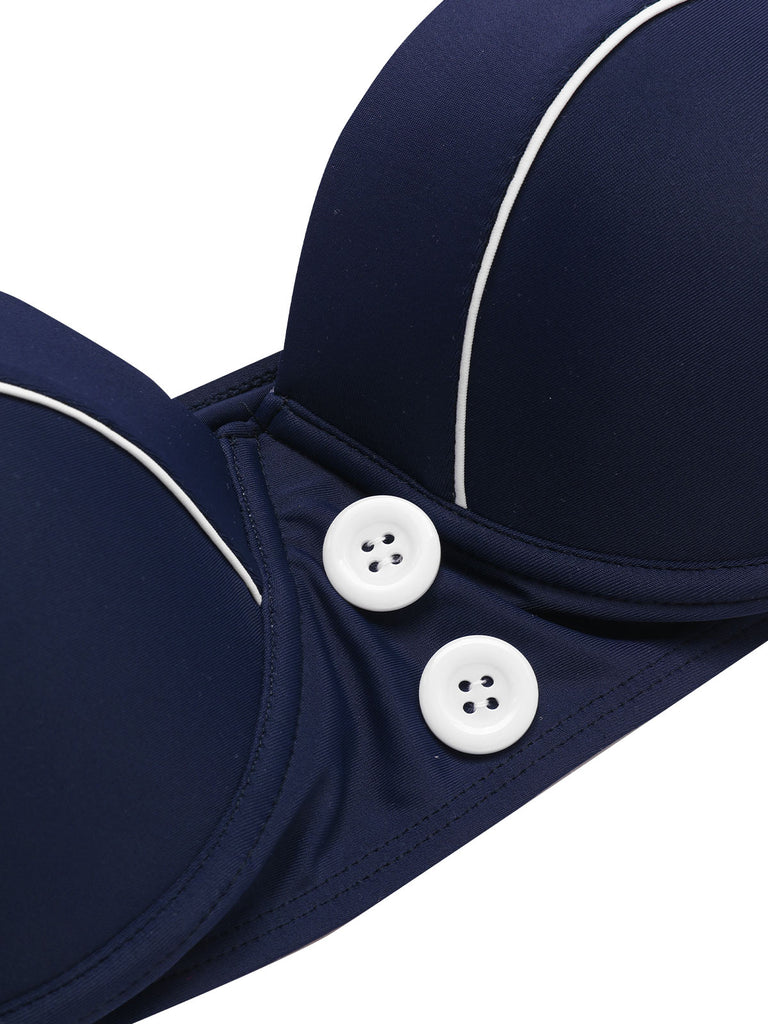 Blue 1940s Navy Style Patchwork Swimsuit