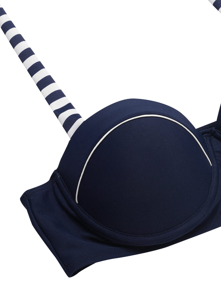 Blue 1940s Navy Style Patchwork Swimsuit