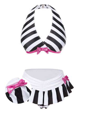 Black & White 1950s Stripe Bow Halter Bikini