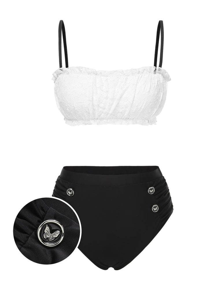 Black & White 1930s Colorblock Lace Bikini Set