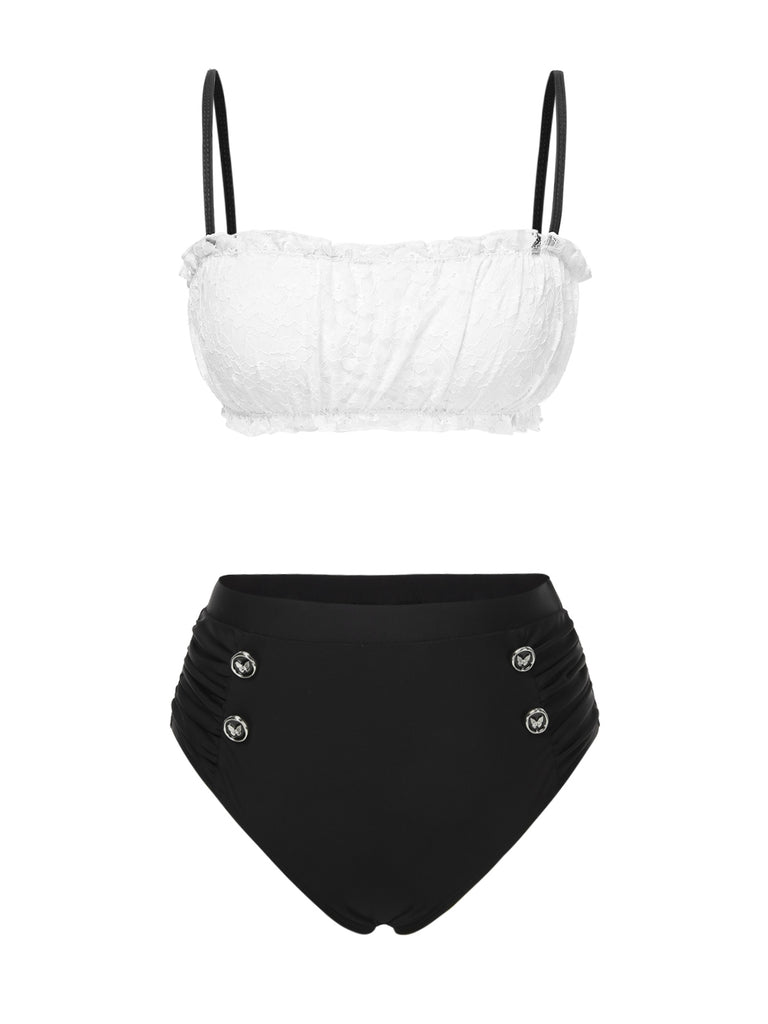 Black & White 1930s Colorblock Lace Bikini Set