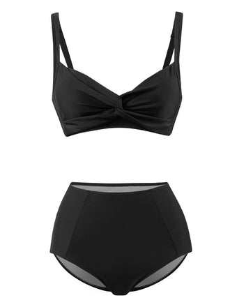1950s Solid Spaghetti Straps Twist Bikini Set