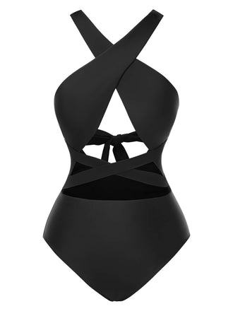 Black 1960s Solid Cross Halter Hollow Tie Back Swimsuit