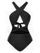 Black 1960s Solid Cross Halter Hollow Tie Back Swimsuit