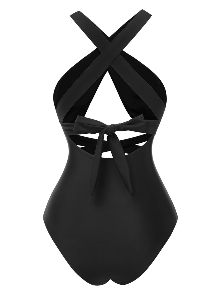 Black 1960s Solid Cross Halter Hollow Tie Back Swimsuit