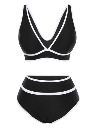 1950s Contrast Trim High Waist Bikini Set