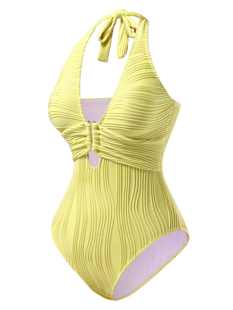 1950s Halter Hollow U-Ring Textured Swimsuit