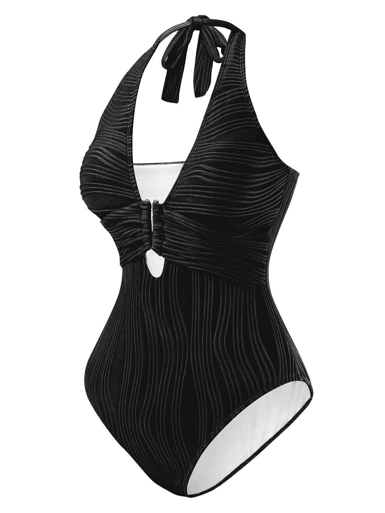1950s Halter Hollow U-Ring Textured Swimsuit