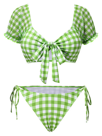 Green 1960s Gingham Puff Sleeve Bikini Set