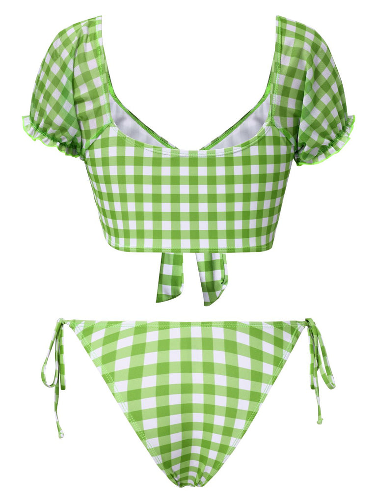 Green 1960s Gingham Puff Sleeve Bikini Set