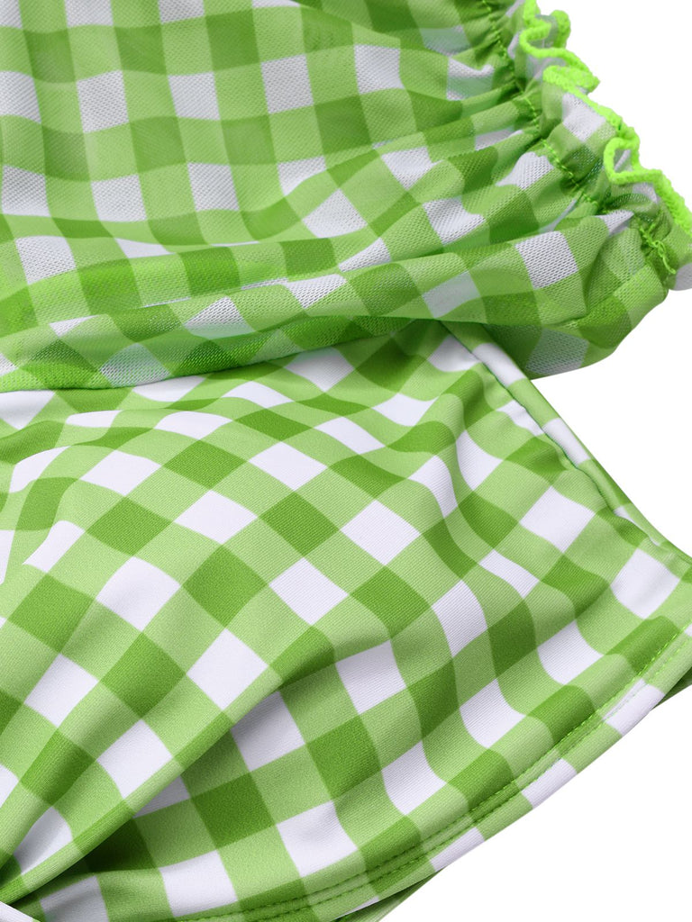 Green 1960s Gingham Puff Sleeve Bikini Set