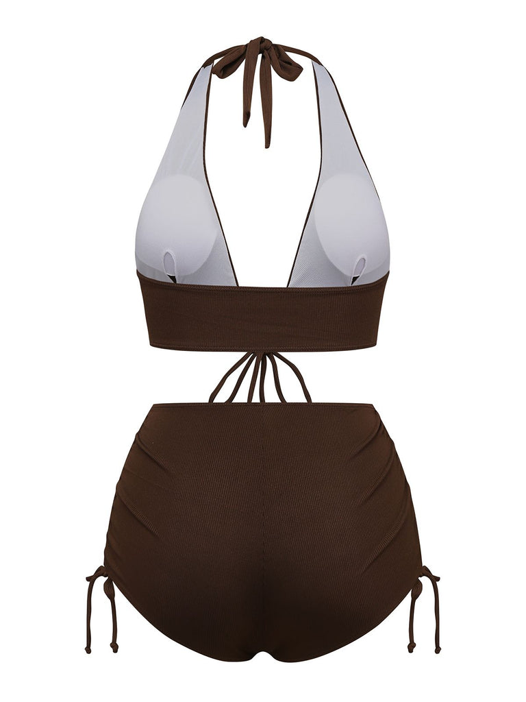 Brown 1950s Solid Deep V-Neck Halter Bikini Set