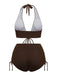Brown 1950s Solid Deep V-Neck Halter Bikini Set