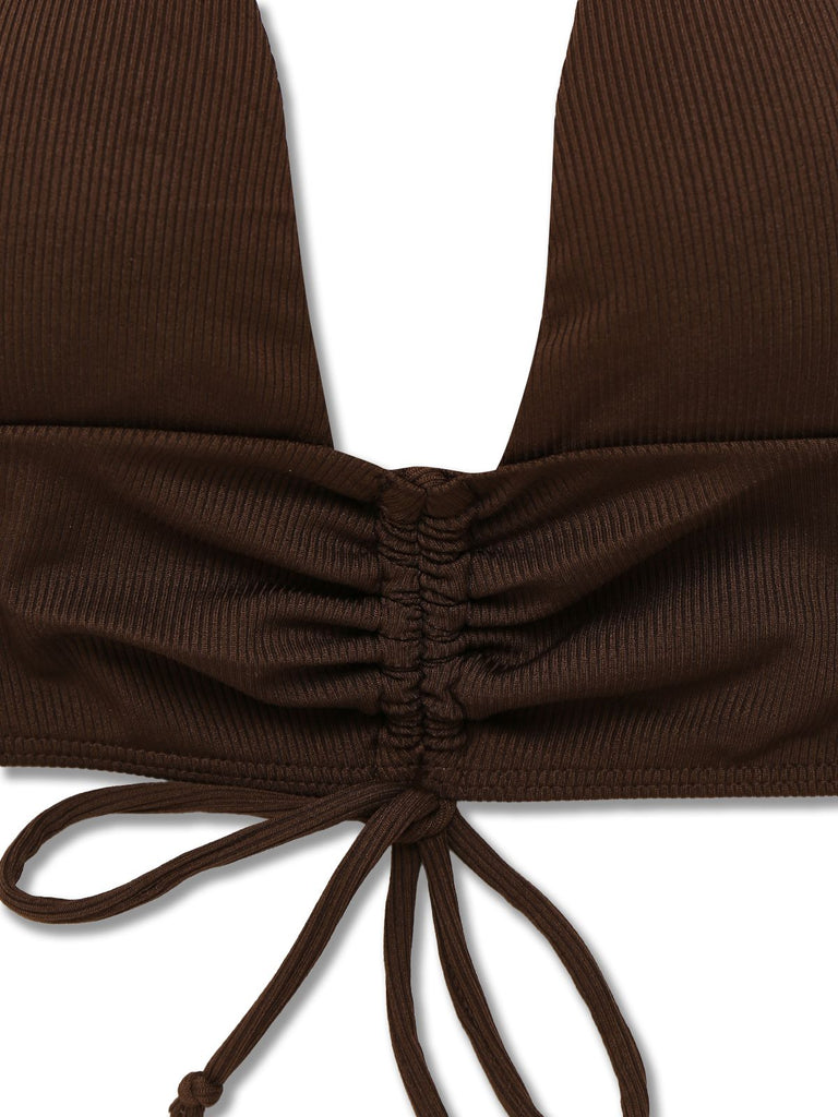 Brown 1950s Solid Deep V-Neck Halter Bikini Set