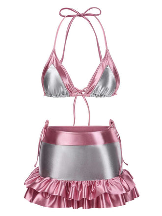 1970s Halter Metallic Colorblock Ruffles Bikini