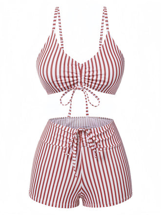 1930s Drawstring Straps Vertical Stripe Boxer Bikini