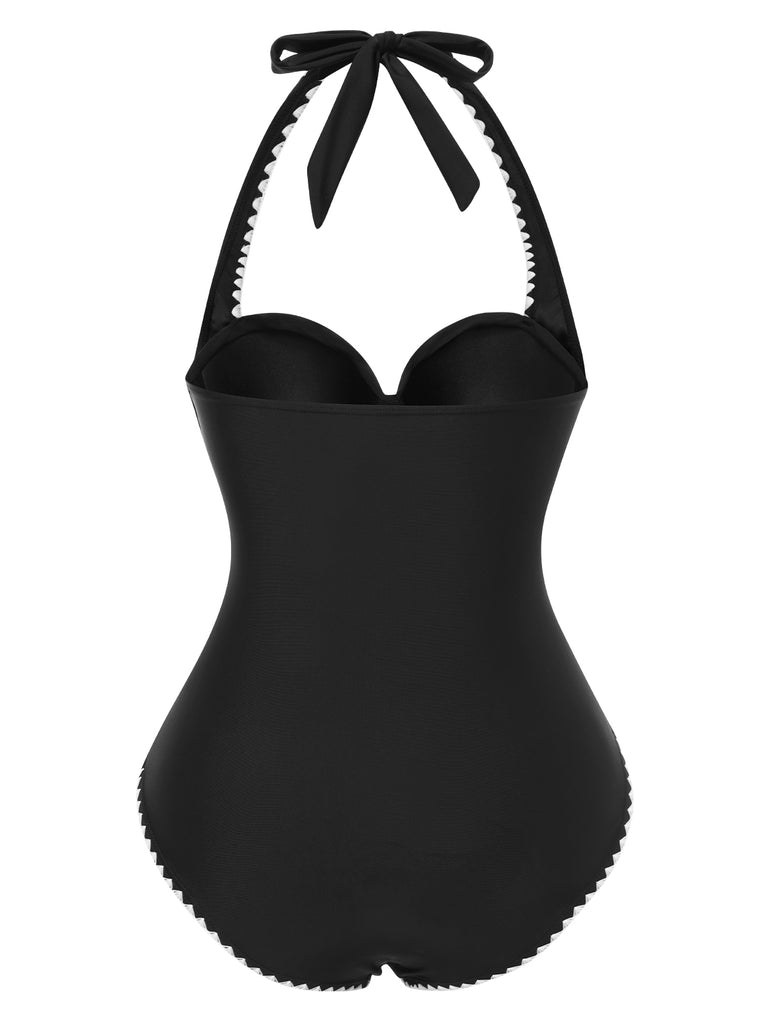 Black 1950s Halter Scallop-Trim One-Piece Swimsuit
