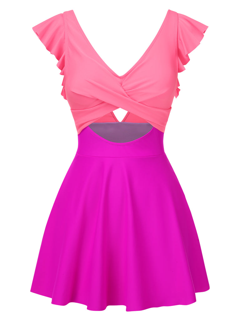 1930s Solid Ruffles Cut-Out Patchwork Swimdress