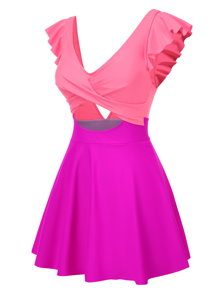 1930s Solid Ruffles Cut-Out Patchwork Swimdress
