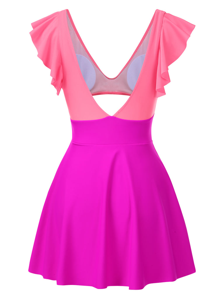 1930s Solid Ruffles Cut-Out Patchwork Swimdress
