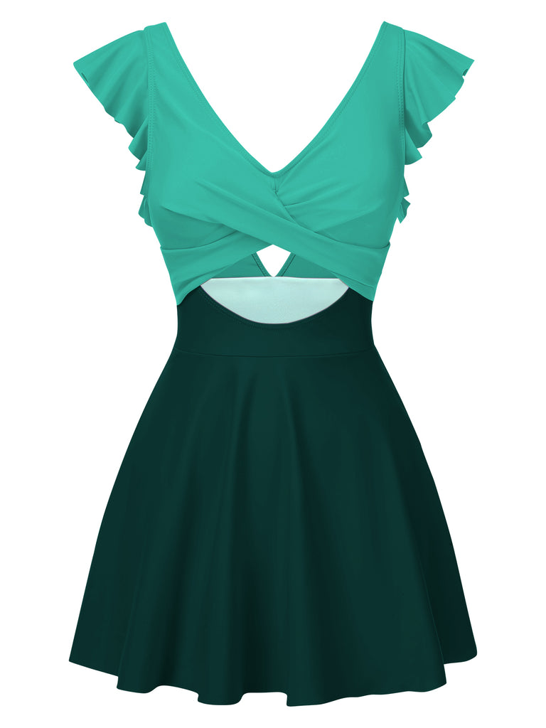1930s Solid Ruffles Cut-Out Patchwork Swimdress