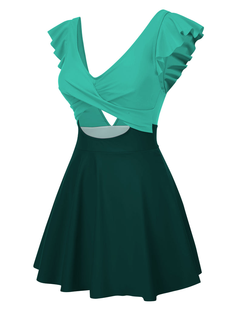 1930s Solid Ruffles Cut-Out Patchwork Swimdress