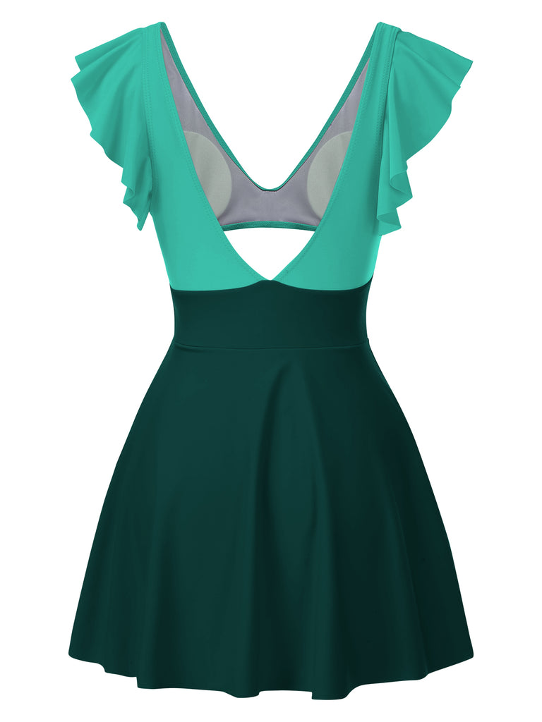1930s Solid Ruffles Cut-Out Patchwork Swimdress