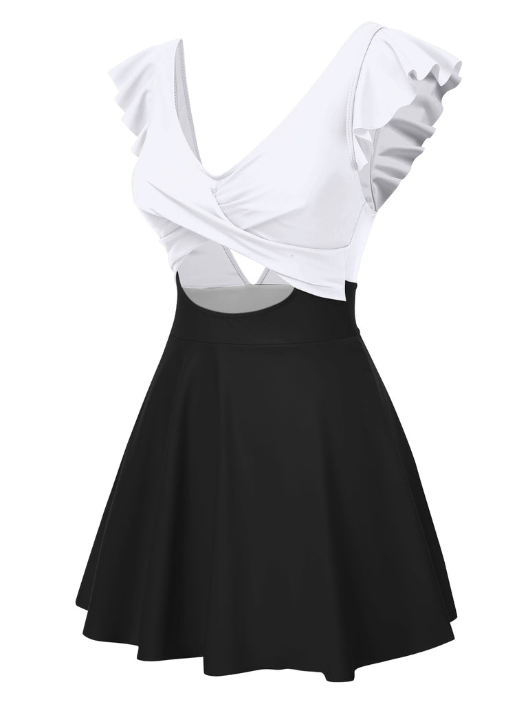1930s Solid Ruffles Cut-Out Patchwork Swimdress