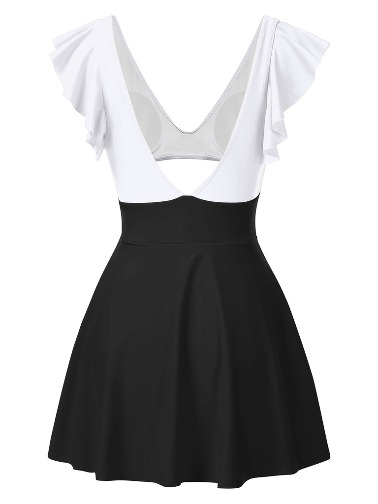 1930s Solid Ruffles Cut-Out Patchwork Swimdress