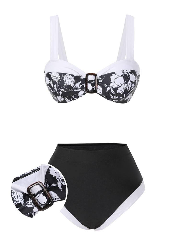Black 1940s Hepburn Silhouette Floral Bikini Set