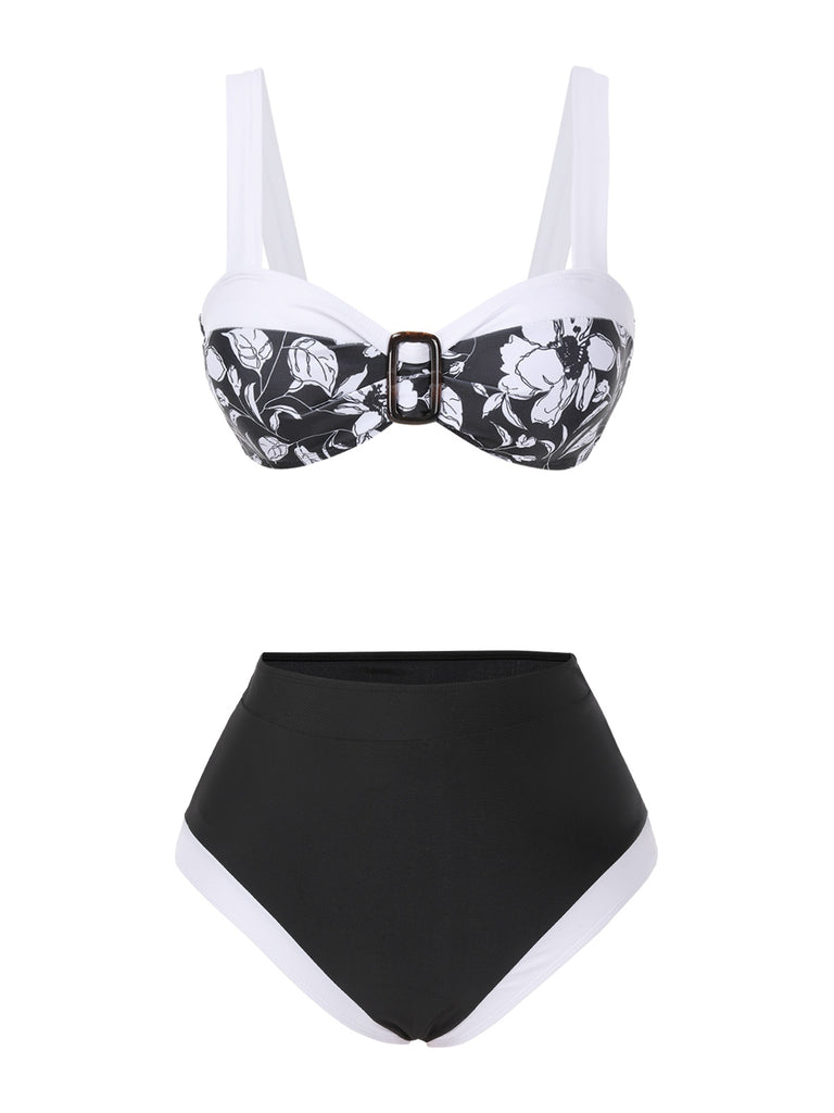 Black 1940s Hepburn Silhouette Floral Bikini Set