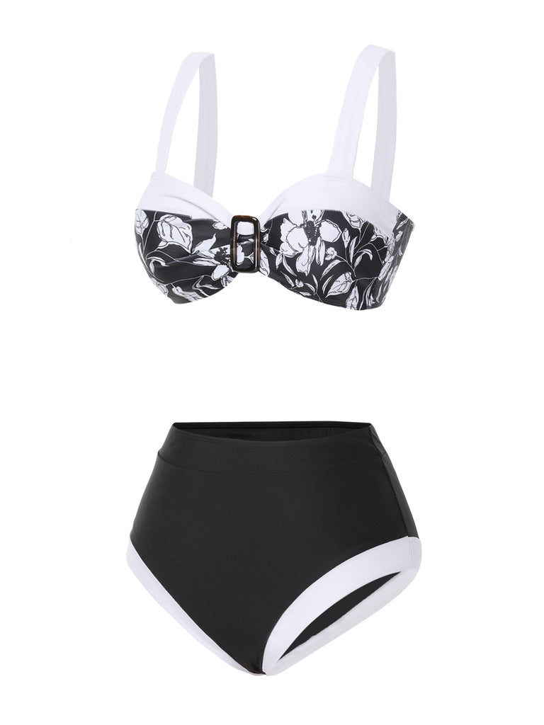 Black 1940s Hepburn Silhouette Floral Bikini Set