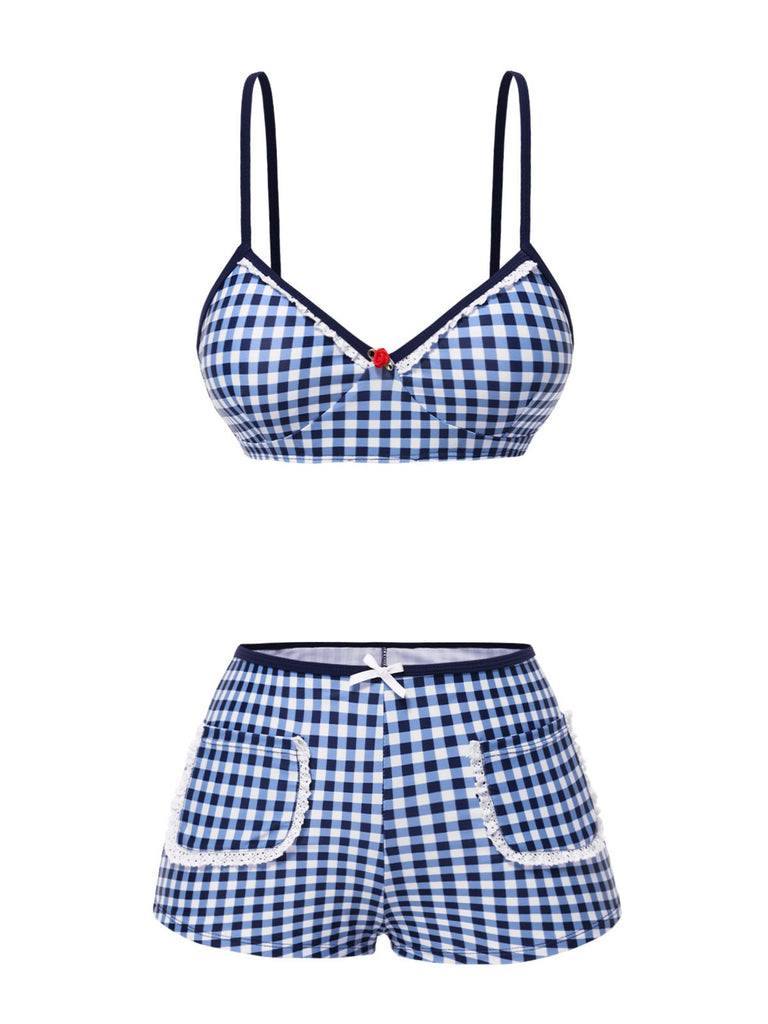 Blue 1930s Rose Gingham Plaid Straps Swimsuit