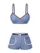 Blue 1930s Rose Gingham Plaid Straps Swimsuit