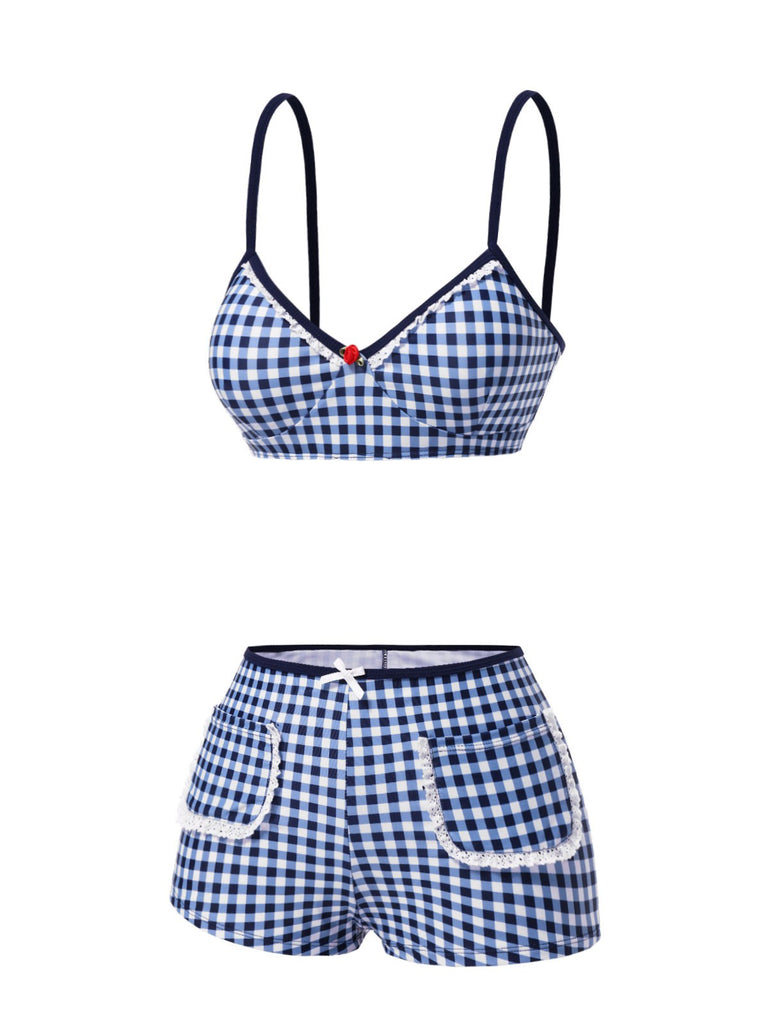 Blue 1930s Rose Gingham Plaid Straps Swimsuit